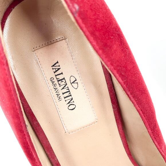 Valentino Pumps Red Suede Bow Stiletto Peep Toe Heels Sz 39.5 / 9.5 - Picture 5 of 12